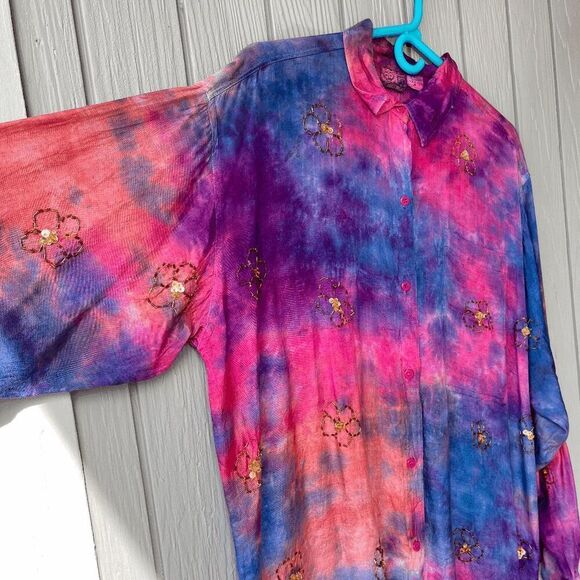 Vintage 2OFUS 90s Tie-Dye Embroidered Floral Sequin Oversized Boho Shirt - Picture 8 of 9
